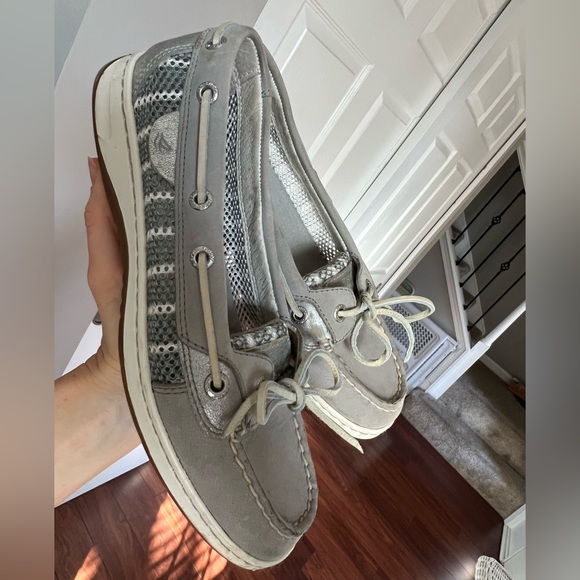 Sperry Women's 7.5 Angelfish Breton Stripe Mesh Slip-On Boat Shoe charcoal white - Picture 5 of 11